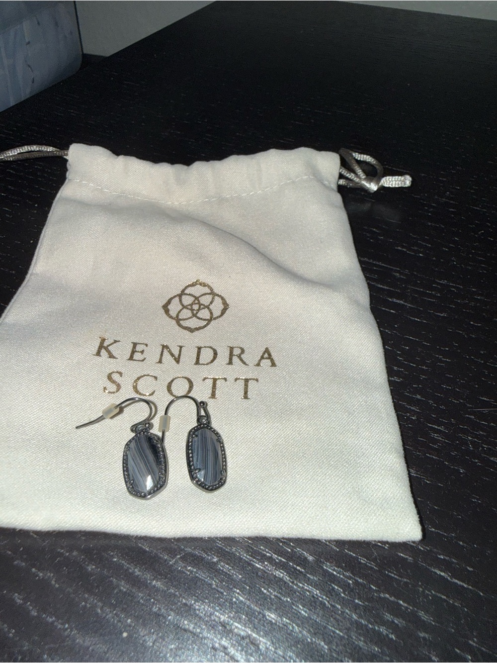 Kendra Scott Striped Gray and Black Glass Drop Earrings